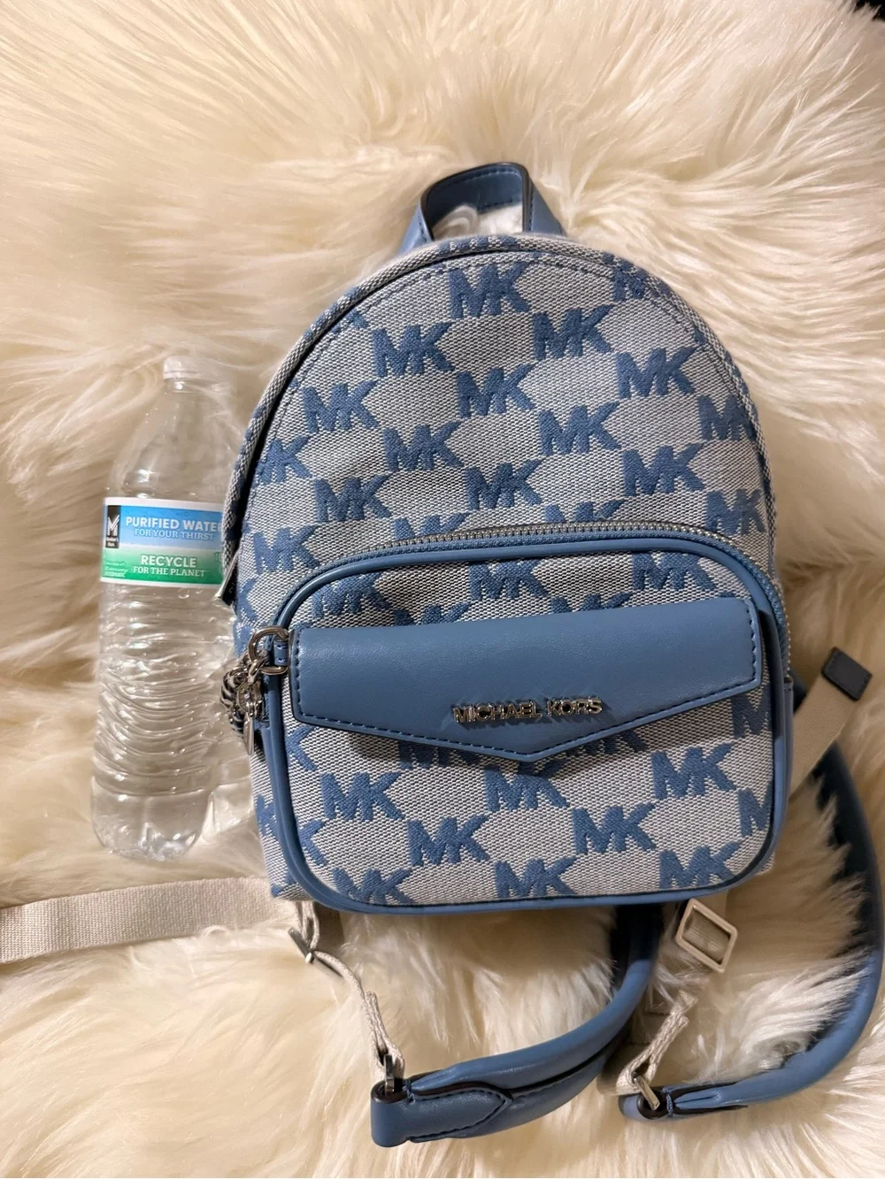 Michael Kors Light Blue MK Jacquard Mini Backpack with Card Pouch